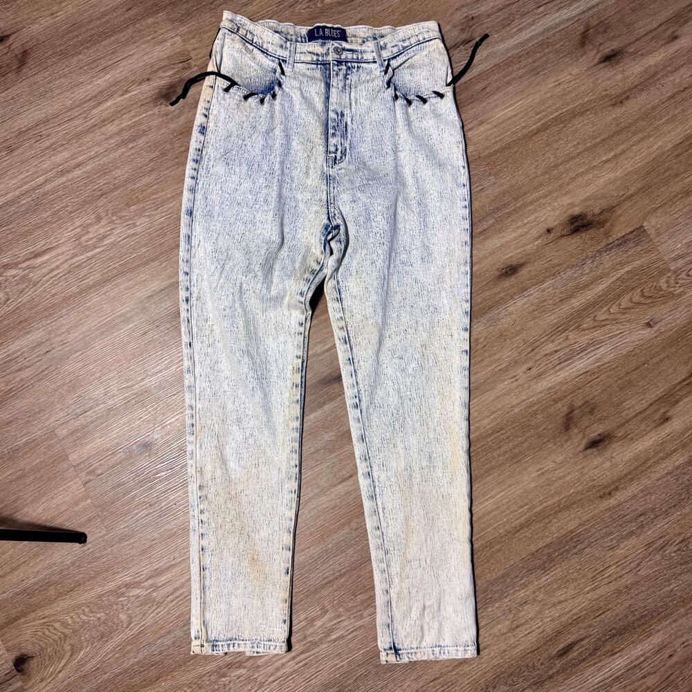 Vtg 80s/90s L.A. Blues Acid Wash Lace Up Jeans Womens 16 Velvet Trim High Rise